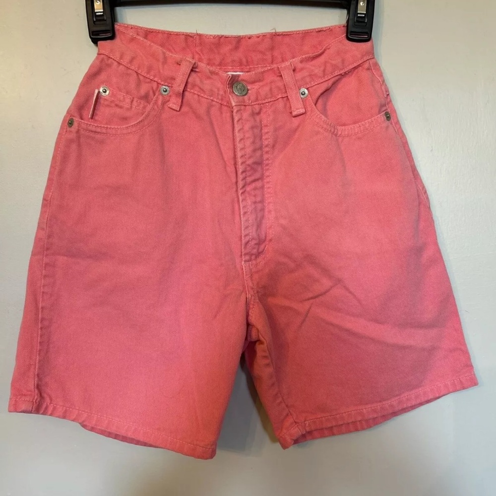Vintage 90s bongo light pink denim jean shorts big logo on back size 1